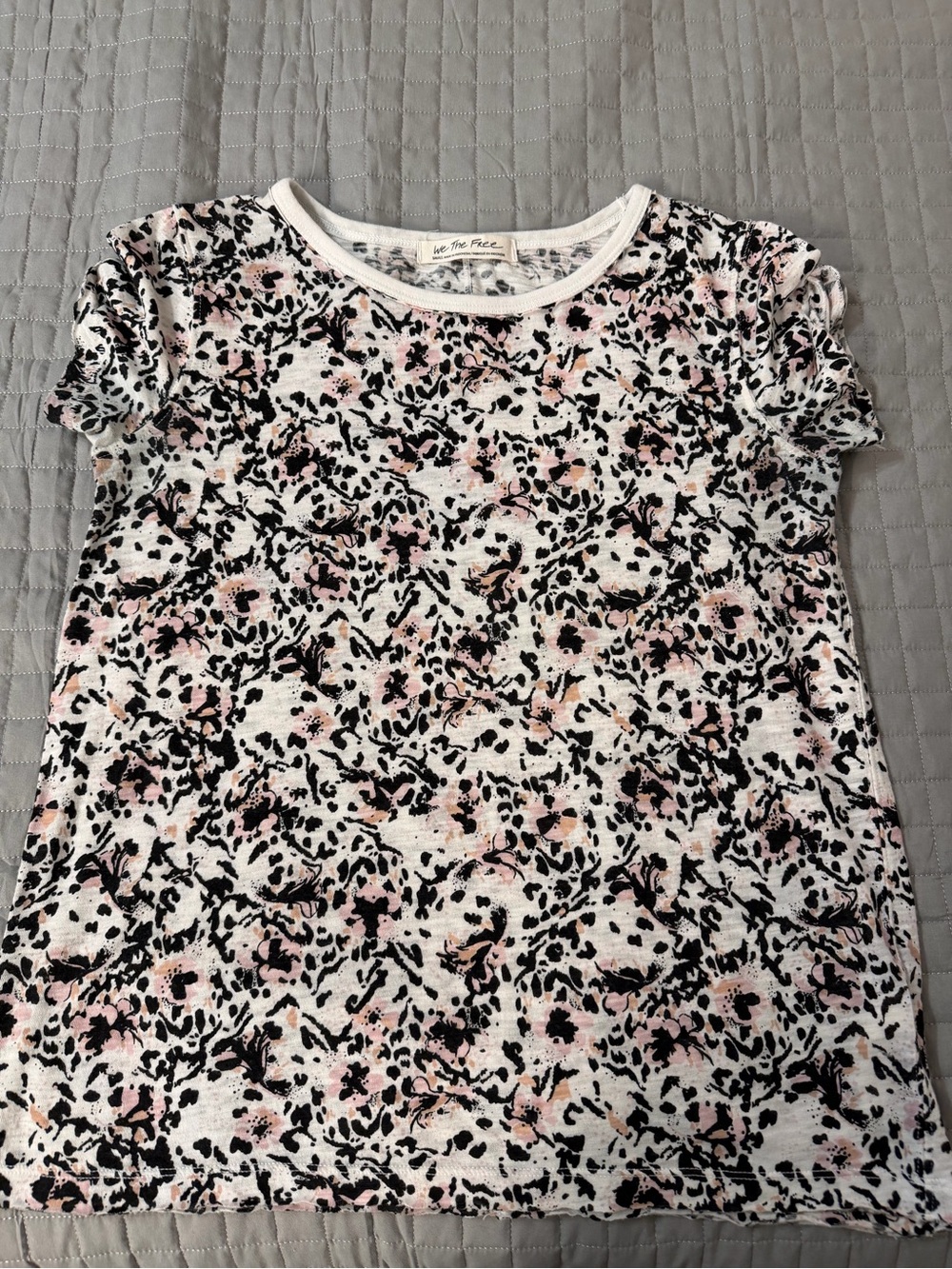 Free People White Short Sleeve Tee with Pink and Black Floral Print